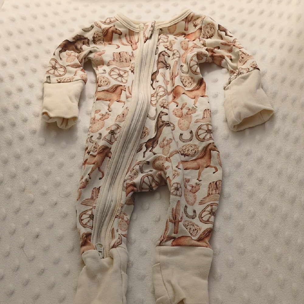 Earthy Organic Cream and Brown Horse Print Zipper Sleeper, 0-3M